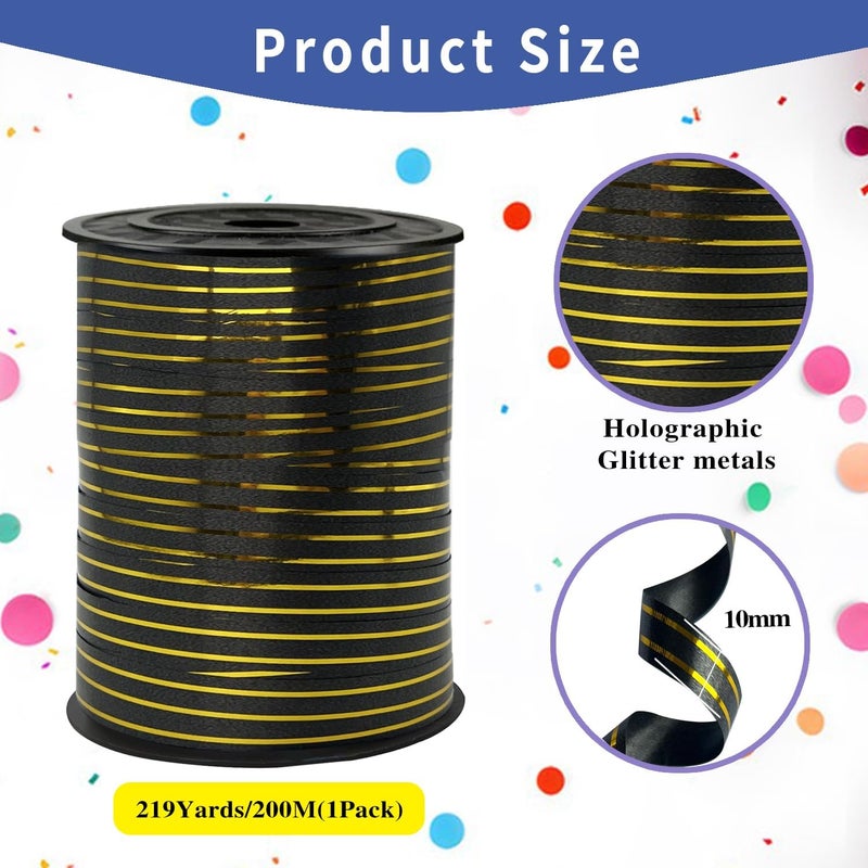 WFAUIBR Black Gold Rimmed Balloon Curling Ribbons，219 Yard Ribbon for Balloons， Balloon String，Curling Ribbon for Craft，for Balloon String ，Wedding, Florist Flower，DIY Decor (1 Roll) - Image 2